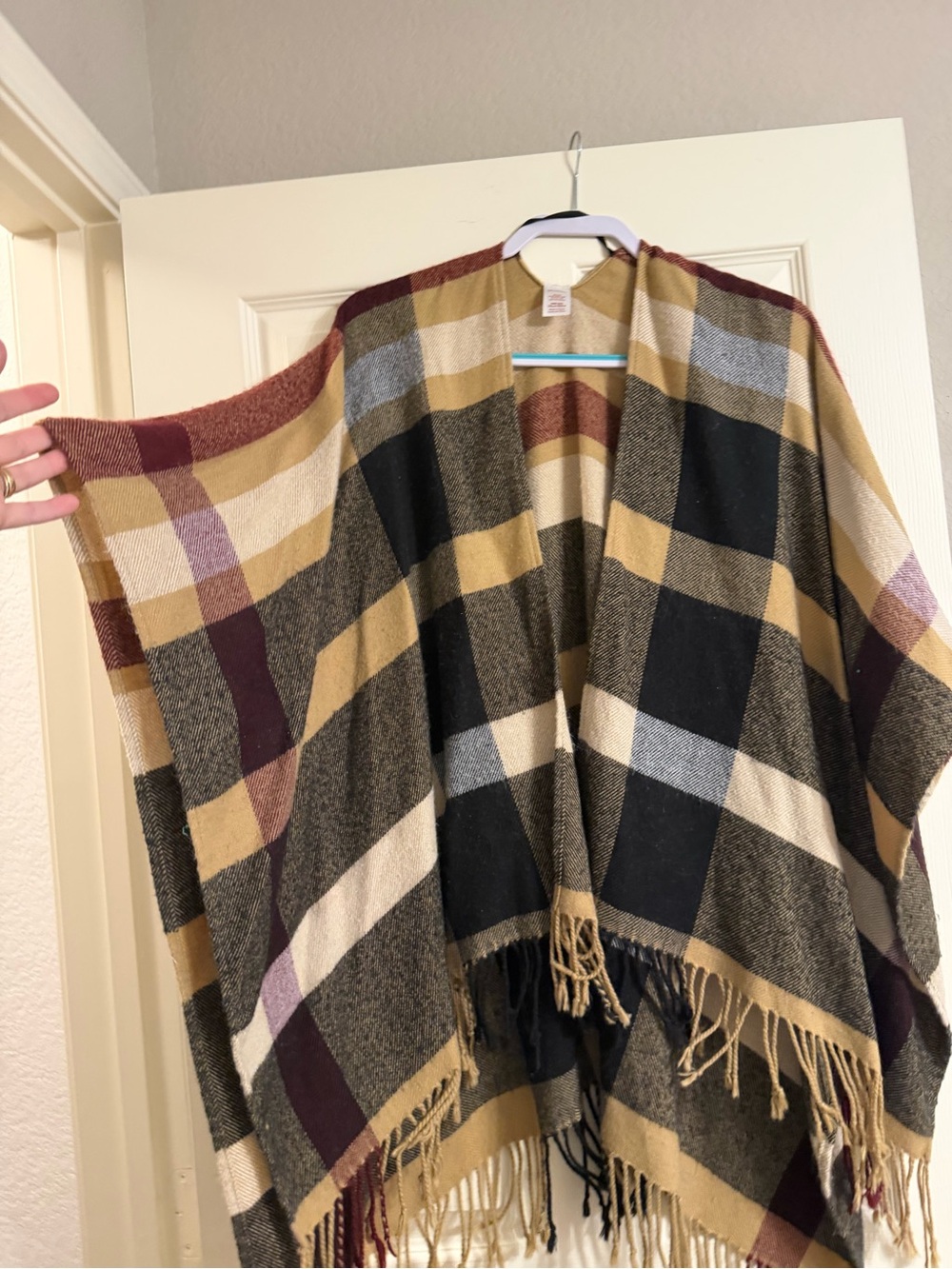 No Boundaries Plaid Fringe Open-Front Cape - Beige Black Burgundy